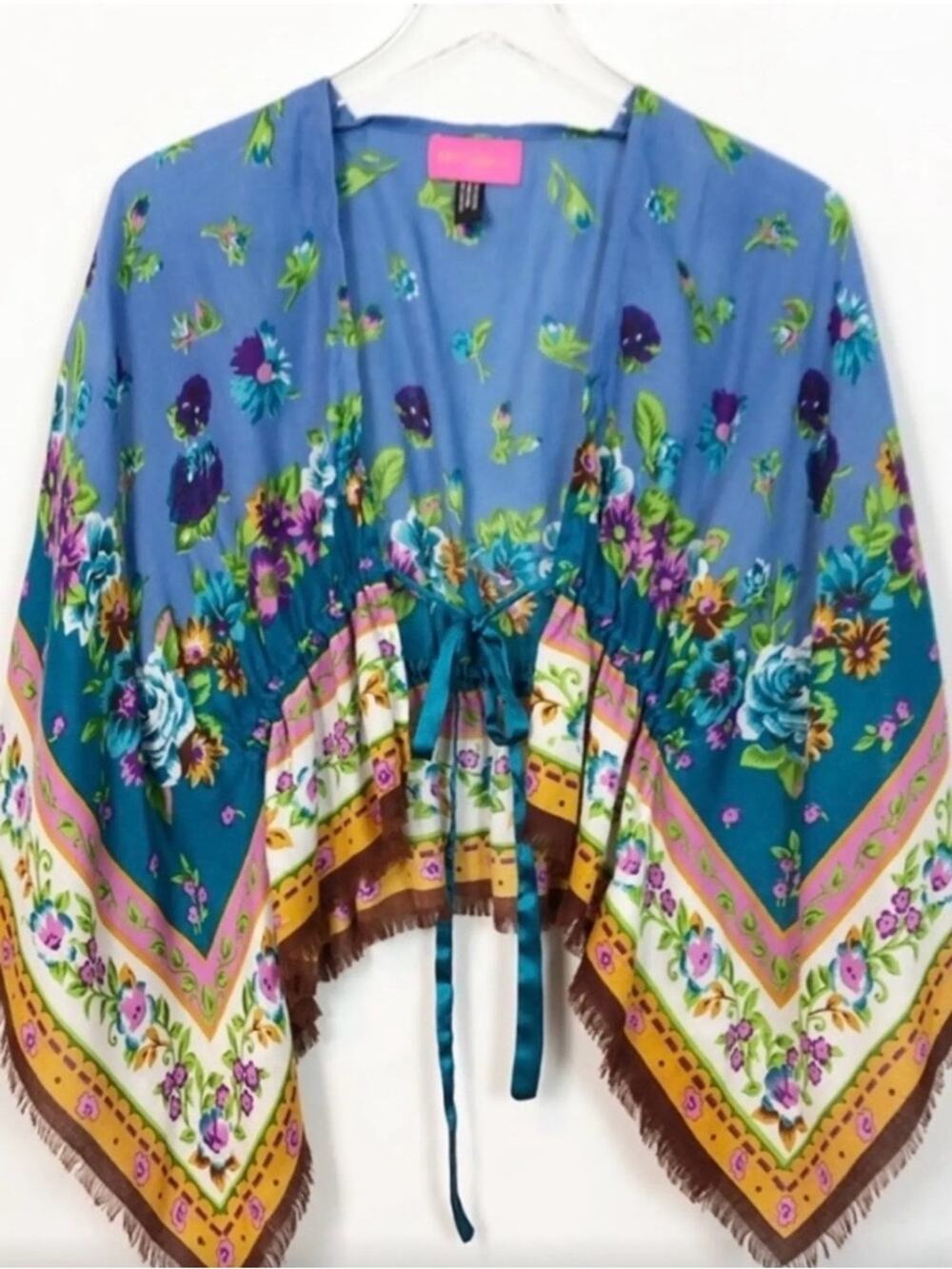 Betsy Johnson Floral Tie-Front Kimono in Sky Blue & Teal